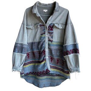 POL | Southwestern Aztec Print Boho Oversized Button Front Green Jean Shacket L